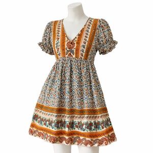 Umgee Boho Floral Paisley Border Mini Dress M Rust Teal Babydoll